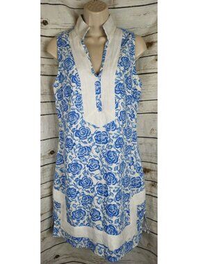 Sail to Sable Blue Floral Shift Dress S Linen Blend Sleeveless